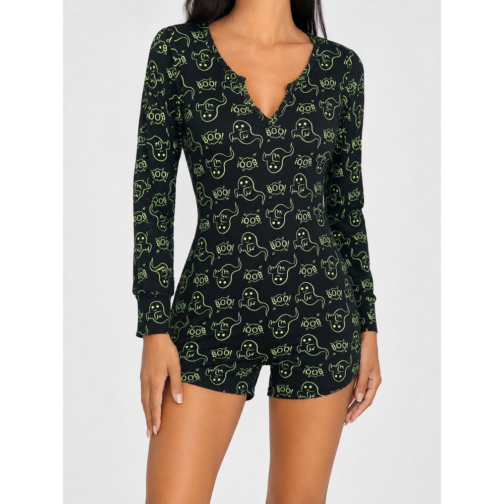 Shosho Womens Halloween Ghost Boo Print Romper Black Neon Green Long Sleeve S